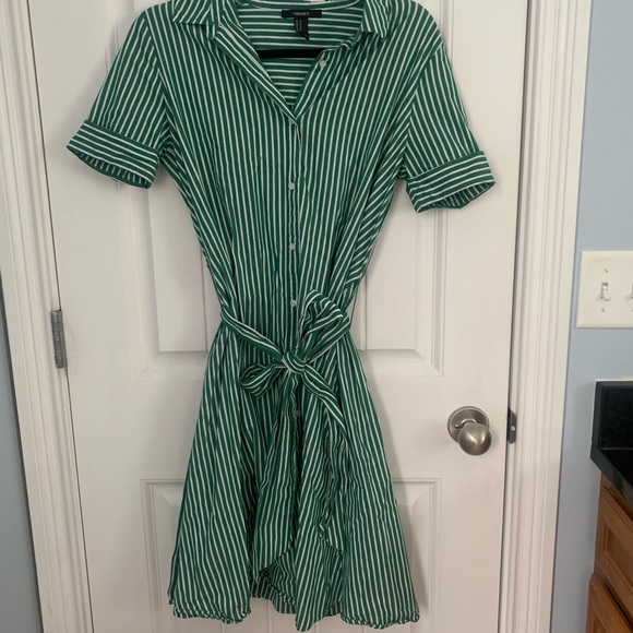 green and white striped shirt dress